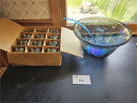 Indiana Glass Blue Carnival Grape Punch Bowl & Cups (12 Cups)