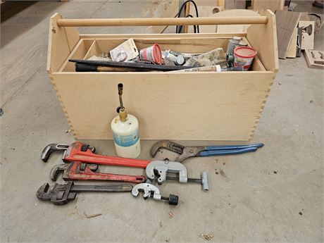 Mixed Plumbing Lot: Ridgid Pipe Wrenches/Pipe Tools/Supplies + Wood Tool Box