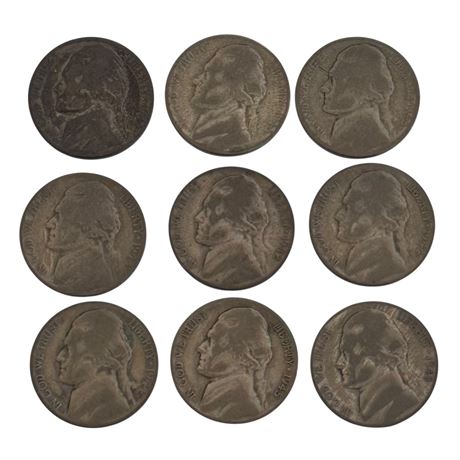 1942-1945 Wartime WWII Jefferson NIckels (Lot of 9)