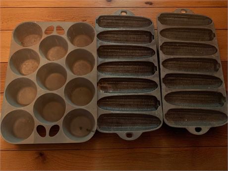 Wagner Ware Cast Iron Krusty Corn Cob Pans, Muffin Pan Lot
