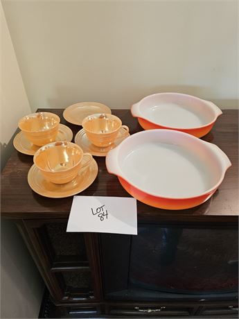 Vintage Fireking Marigold Lusterware Cups & Saucers & Ombre Orange Baking Dishes