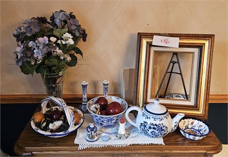 Mixed Decor Lot- Blue & White Pottery. Faux Floral Frame & More