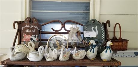 Mixed Decor Lot- Swan Figures, Wall Art, Clock & More