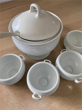 Crate & Barrel White Porcelain 7 Piece Soup Tureen Set, Glass Cake Dome