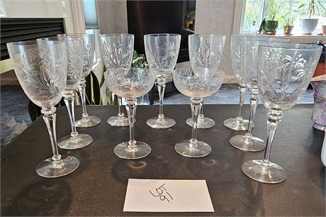 Tiffin Embossed Floral Stem Wine & Champ Glasses