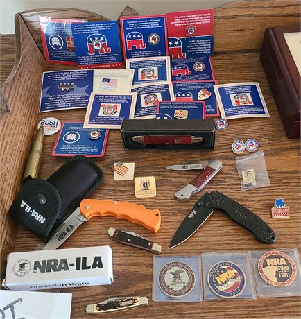 Mixed Republican & NRA Lot:Pocket Knifes / Pins / Challenge Coins & More