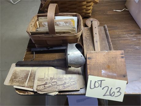 Stereoview with Several Stereoscopic Viewing Cards & Primitive Wood Wall Box