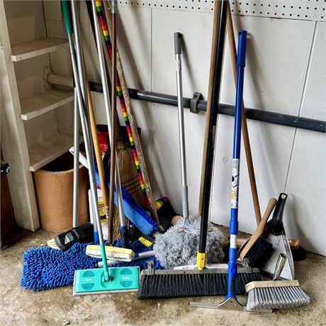 Assorted Brooms, Brushes and Handled Dusters