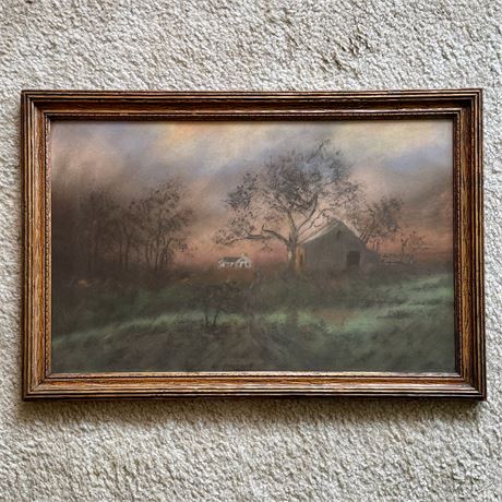Antique Original Wood Framed Pastel/Charcoal Landscape Drawing - 24 1/2 x 16 5/8