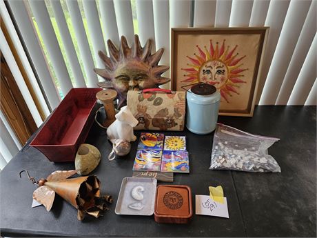 Mixed Decor Lot:Planter/Tiles/Sun Decor/Candle Holder/Geode & More