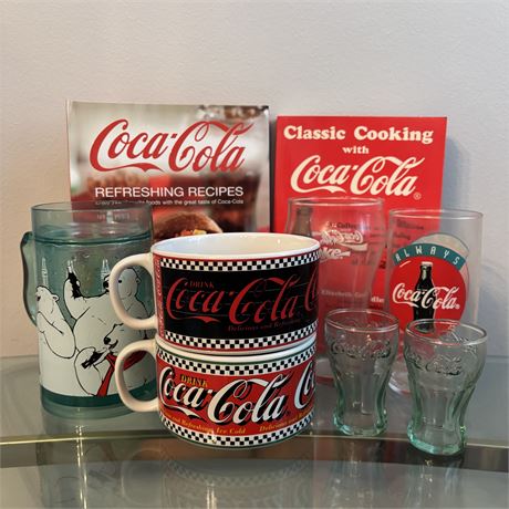 Assorted Coca-Cola Drinkware and 2 Cookbooks