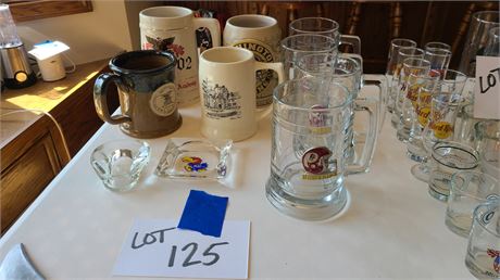 Men's Glassware Lot: Beer Mugs-Redskins/NRA/Military/KU Ashtray & More