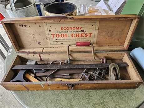 Antique Wood Economy Tool Chest & Tools