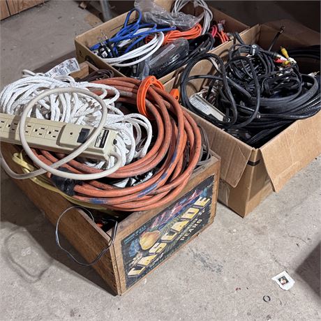 3 Boxes of Various Cords, Mixed Cables and More