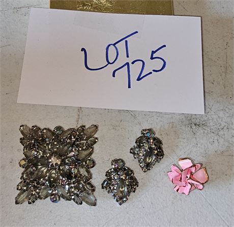 Vintage Smokey Gray Rhinestone Brooch & Earring Set & More