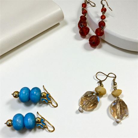 Vintage Turquoise Blue Bead/Gold Dangle Earrings, Red Beaded Dangle Earrings