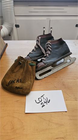 Vintage Child's Ice Skates Size ? & Vintage Jacks In Bag