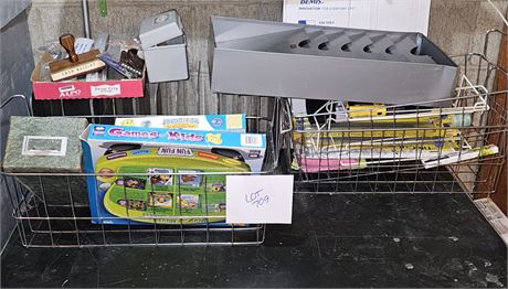 Mixed Misc Lot: Wire Storage Baskets, Office Supplies, Toys & More