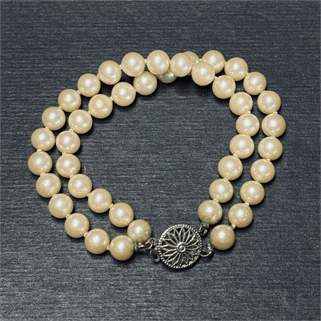 Vintage Sterling Silver 925 Beaded Double Strand Pearl Bracelet - 7.5"