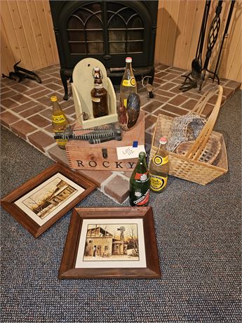 Mixed Decor Lot: Basket / Art Print / Old Bottles & More