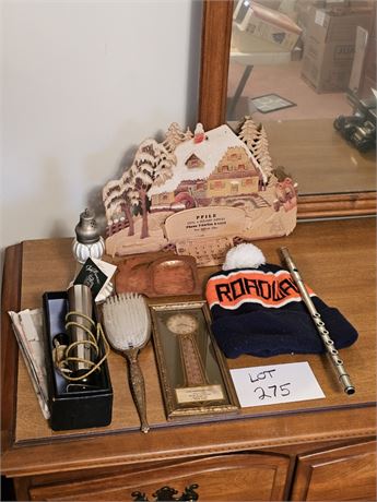 Antique Mixed Lot- Lion Furniture Thermometer, Dusting Silk, Calendar & More