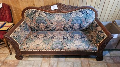 Antique Victorian American Empire Style Settee Couch With Carved Wood Frame