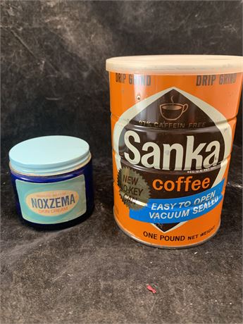 Vintage Advertising Sanka Coffee Can and Cobalt Blue Noxzema Glass Jar Tin Lid