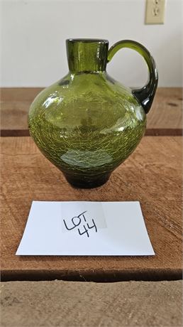 Blenko Crackle Glass Handled Green Vase 7"H