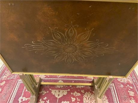 TV Tray/Table Set of 4 Wood With Brass Trim & Floral Pattern MCM (Vintage)