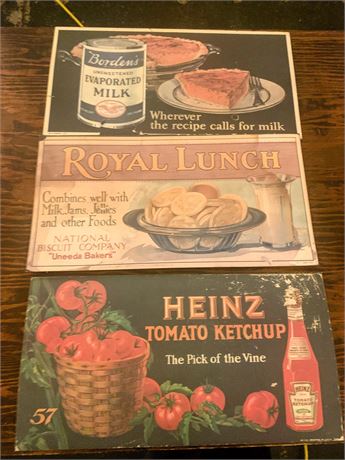 Cardboard Signs Borden's Evaporated Milk, Royal Lunch, Heinz Tomato Ketchup