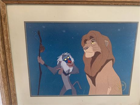 Disney Lion King Wood Framed Lithograph Art - Simba and Rafiki From 1995