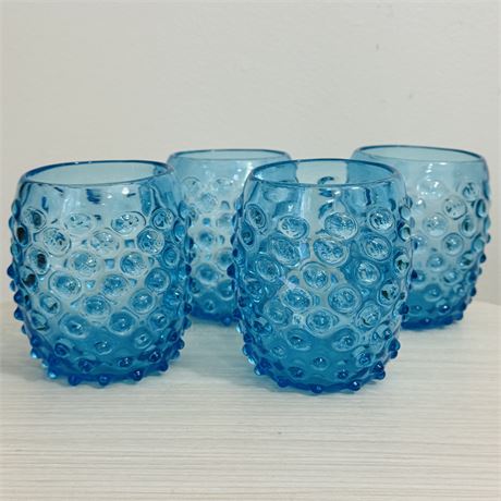 Mid-Century Hand Blown Aqua Glass Bubbled Tumbler Set of 4