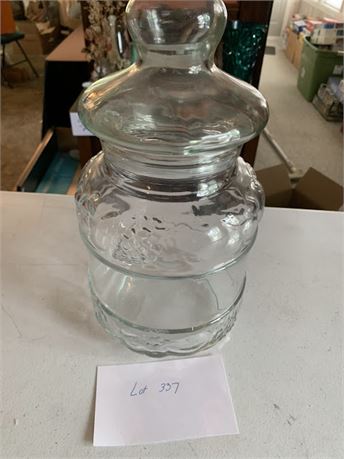 Large Clear Glass Storage Canister With Grape/Fruit Pattern And Lid