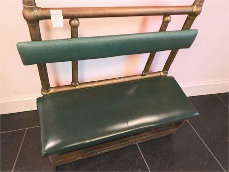 Green Vinyl Restaurant Bench W/Wood Base & Brass Back