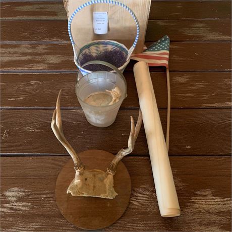 Mounted 6-Point Deer Antler Plaque, Ice Bucket, Bowls, Plastic Cups
