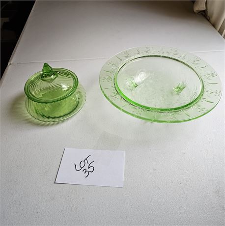 Green Depression Glass Dogwood Footed Bowl & Lidded Candy