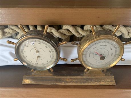 Brass Airguide Ship Wheels Weather Station W/Temperature & Barometer Gauges