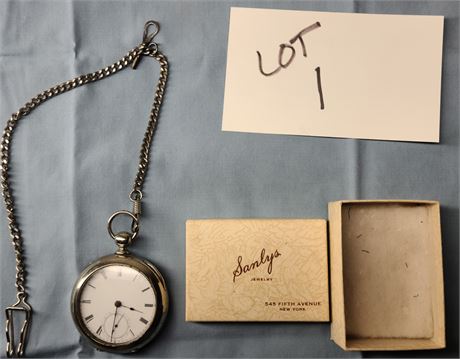 Waltham AWC. Broadway Silverplated Pocketwatch with Key & Fob