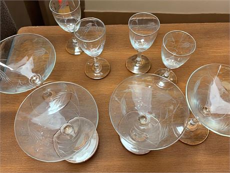 Etched Wheat Design Wine & Martini Drink Glass Set of 8