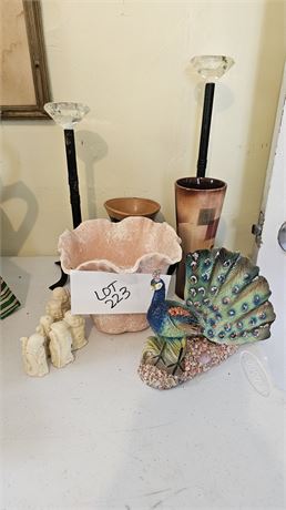 Mixed Deco Lot: Ceramic & Shell Peacock, Candle Holders, Shawnee Vase, Asian Fig