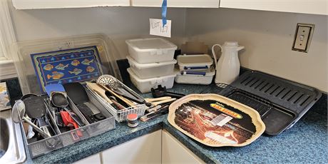 Kitchen Cleanout: Utensils/Cleaver/Plastic Storage/Trays & More