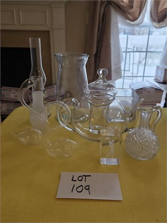 Mixed Glass Decor Lot- Clear Glass Teapot With Infuser, Oil Lamp, Cruet & More