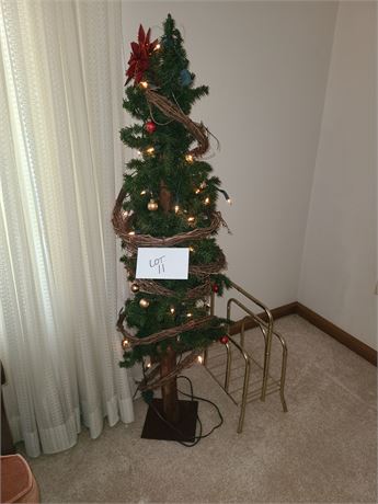 Faux Christmas Tree with Lights & Brass Magazine Rack