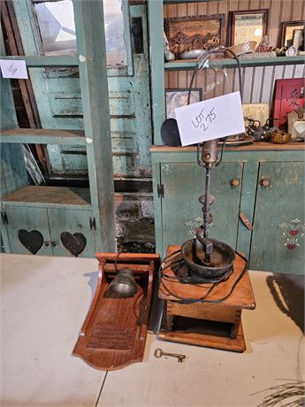 Vintage Grinder Lamp & Bell on Wood Mount