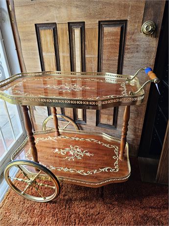 Wood & Gold Metal Tea Cart with Painted Scroll & Flower Design