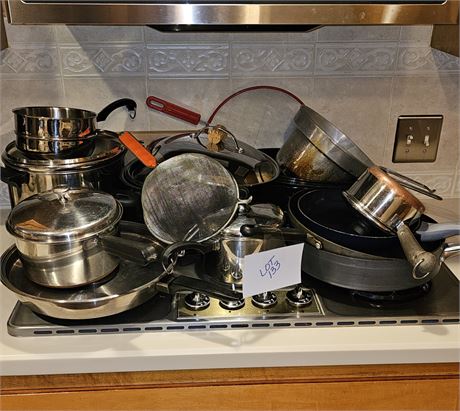 Mixed Pots & Pans Lot : Revereware, Ekco, Enamel Roaster, Norrisware & More