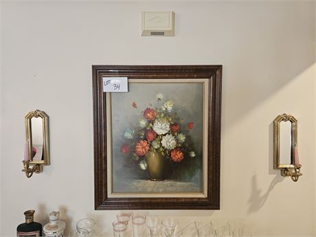 Signed J. Binard Still Life Floral Oil on Canvas & Gold Candle Wall Holders