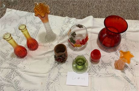 Colored Glass Vase Lot Amberina Red Green And Orange Floral Vases Varying Styles