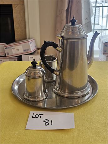 Vintage Pewter English Sheffield Coffee Pot, Sugar/Creamer & Tray