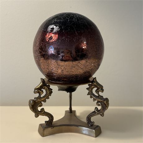 Vintage Blown Mercury Glass Ball on Brass Dragon Stand
